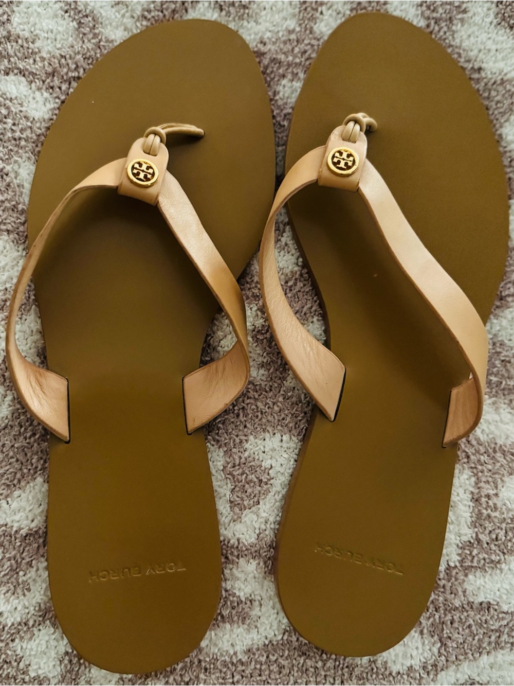 Tory Burch Light Tan Leather Logo Thong Sandals